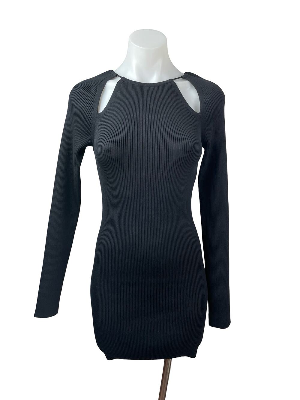 Oak + Fort Women's Black Ribbed Knit Cut Out Long Sleeve Mini Bodycon Dress Sz S